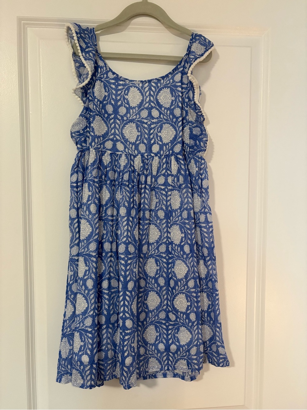 Girls Blue and White Printed Ruffle Sleeve Dress